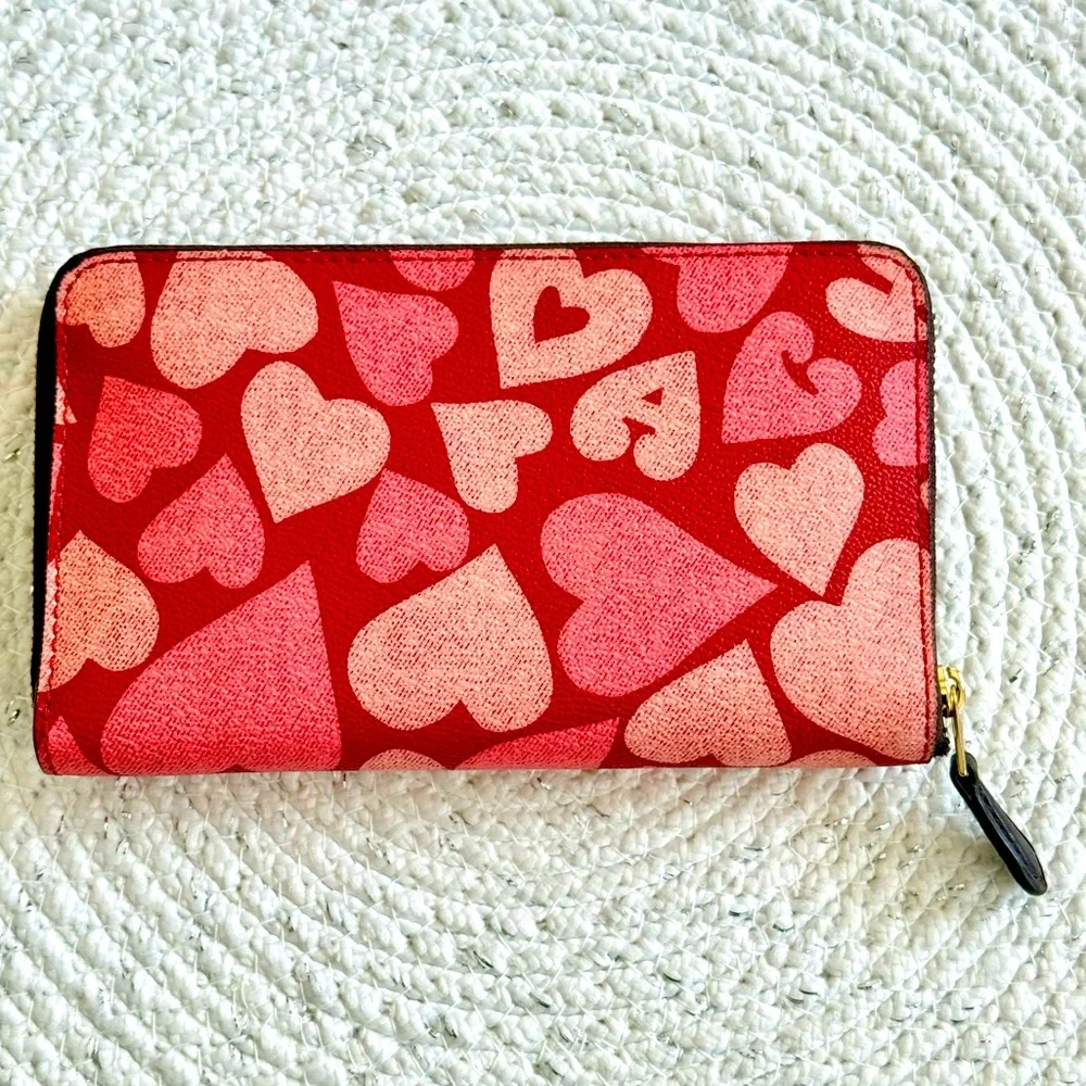 Coach Red and Pink Heart Zip Around Wallet Great Condition!